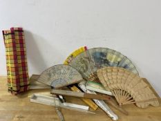 A collection of folding fans, also vintage ruler and two place mats (a lot)