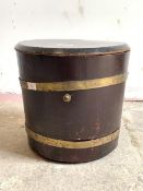 A 20th century brass bound coal box of tapering cylindrical form, H37cm, D39cm