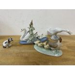 A collection of Lladro animals including a swan with cygnets, measures 12cm high a/f, also a