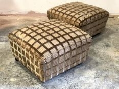 A Pair of upholstered footstools, of square form, raised on castors, H35cm, W56cm, D56cm