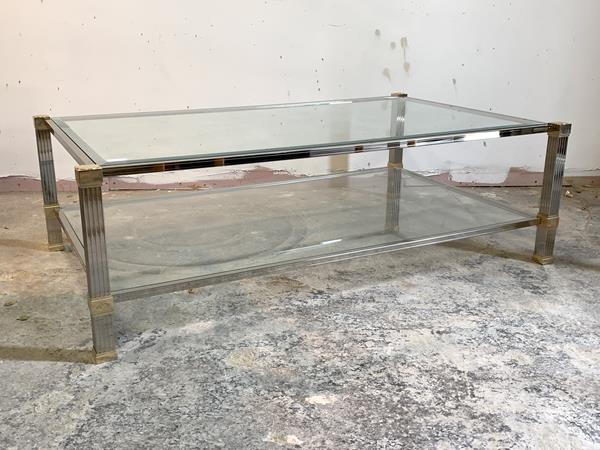 Peirre Vandel, A contemporary brass, chrome and glass two tier coffee table, H40cm, W129cm, D128cm