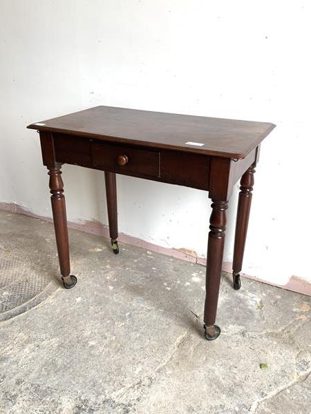 A Victorian walnut side table, the rectangular top over single frieze drawer, raised on turned