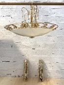 A modern gilt metal ceiling pendant five branch light fitting, with domed opaline glass shade, (