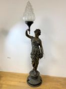 An Edwardian spelter Greek style lamp of lady holding a flaming torch with opaque glass shade on