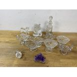 A collection of glass ware including salts, also a scent bottle and cut crystal figures and an