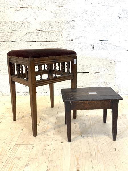 A Late Victorian walnut upholstered stool with a spindle gallery, (H56cm) together with another 19th