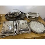 A quantity of silver plate including hors d'ouvres dish with glass insert measures 31cm diameter,