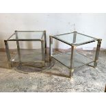 Peirre Vandel, A pair of contemporary brass, chrome and glass two tier lamp tables, H50cm, W58cm.