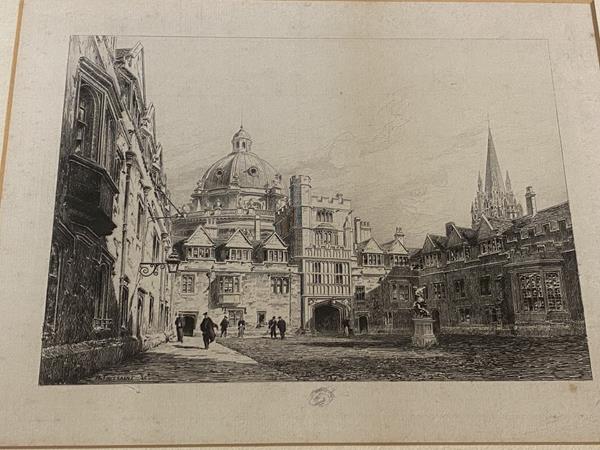 H Toussaint, university courtyard, etching, framed measures 22cm x 28cm