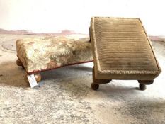 A Victorian footstool with floral upholstered top, raised on compressed bun supports with