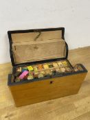 A late 19th early 20thc artists box with hinged top along with quantity of artists supplies such