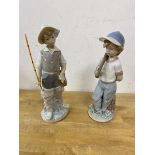 Two Lladro figures, one of child with fishing rod repair to neck, measures 23cm high another of