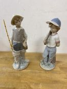 Two Lladro figures, one of child with fishing rod repair to neck, measures 23cm high another of