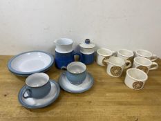 A pair of Denby coffee cups and saucers, cups measure 7cm high along with two matching bowls,