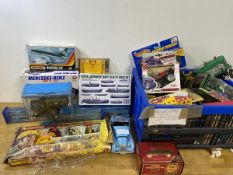 A quantity of vintage to modern toys and models including ships, trucks, planes, farm equipment,