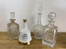 A collection of decanters including a Bells whisky commemorative Prince William of Wales 21st June
