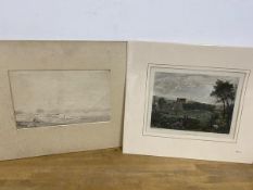 19thc School, river landscape, pencil, measures 16cm x 25cm and a 19thc print Merchiston Tower (2)