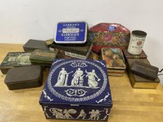 A collection of vintage tin boxes including a Wedgwood box classically inspired decoration, measures