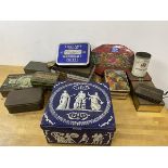 A collection of vintage tin boxes including a Wedgwood box classically inspired decoration, measures