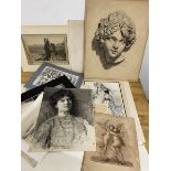 A collection of prints and sketches including Grace Cook, Cupid and Psyche, Guildford Lodge, etc (