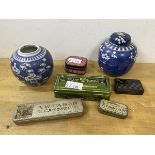A mixed lot including three vintage tins, two lacquered boxes and two ginger jars, one lacking