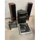 Stereo equipment including two monitor audio floor speakers each measuring 90cm high, also a