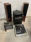 Stereo equipment including two monitor audio floor speakers each measuring 90cm high, also a