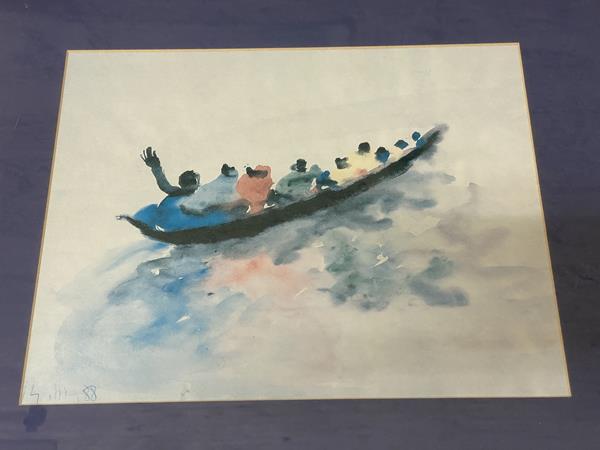 A modern reproduction print, figures in boat, measures 27cm x 34cm