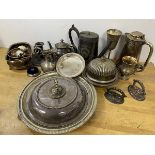 A quantity of Epns including a coffee pot measuring 21cm high, a teapot, jug, chamber stick, serving
