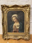 18thc school ?, Young Woman Praying, oil, a/f, measures 61cm x 48cm, paper label verso The Morana