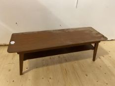 A Mid Century teak coffee table with slightly upturned short edges, the lower tier on splayed