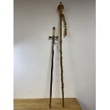 An early 20thc drum majors staff with possible later thistle finial, brass copper and wood, measures