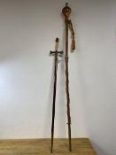 An early 20thc drum majors staff with possible later thistle finial, brass copper and wood, measures