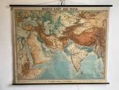 A 1963 German Westermann wall map depicting middle east and India, measures 160cm x 206cm