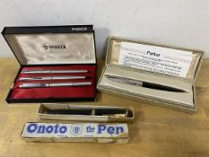 A collection of pens including four Parker and one Onoto (a lot)