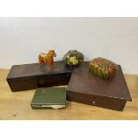 A mixed lot including a 19thc jewellery box and another box, an Indian lidded box and horse Easter