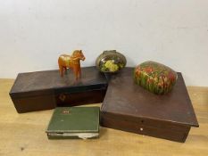 A mixed lot including a 19thc jewellery box and another box, an Indian lidded box and horse Easter