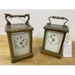 Two early 20thc four glass clocks, one with roman numerals and the other arabic, measure 15cm high