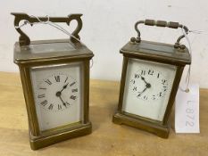 Two early 20thc four glass clocks, one with roman numerals and the other arabic, measure 15cm high