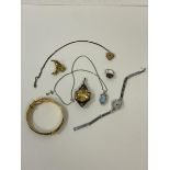 A mixed lot of silver and costume jewellery including silver pendant with large citrine, a silver