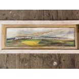 Jo Fox, Beach Huts, mixed media, signed and dated '95, measures 19cm x 58cm
