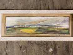 Jo Fox, Beach Huts, mixed media, signed and dated '95, measures 19cm x 58cm