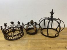 Three metal table ornaments in the form of crowns, largest measures 27cm high