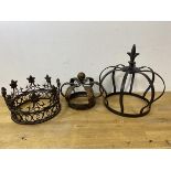 Three metal table ornaments in the form of crowns, largest measures 27cm high