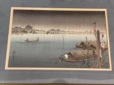 Japanese print, boats on river, character marks bottom left, measures 22cm x 34cm