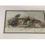 C Milland ? figure near cottage, mixed media, signed bottom right, measures 13cm x 22cm