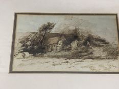 C Milland ? figure near cottage, mixed media, signed bottom right, measures 13cm x 22cm