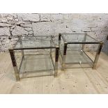 A pair of Peirre Vandel contemporary brass, chrome and glass two-tier lamp tables, measures 50cm x