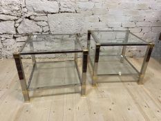 A pair of Peirre Vandel contemporary brass, chrome and glass two-tier lamp tables, measures 50cm x
