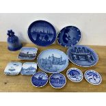 A collection of Danish china including wall plates, trinket dishes, and a bell which measures 13cm